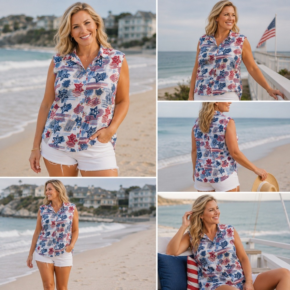 Womens Sleeveless Button Down‎ Top Stars Stripes Americana L
